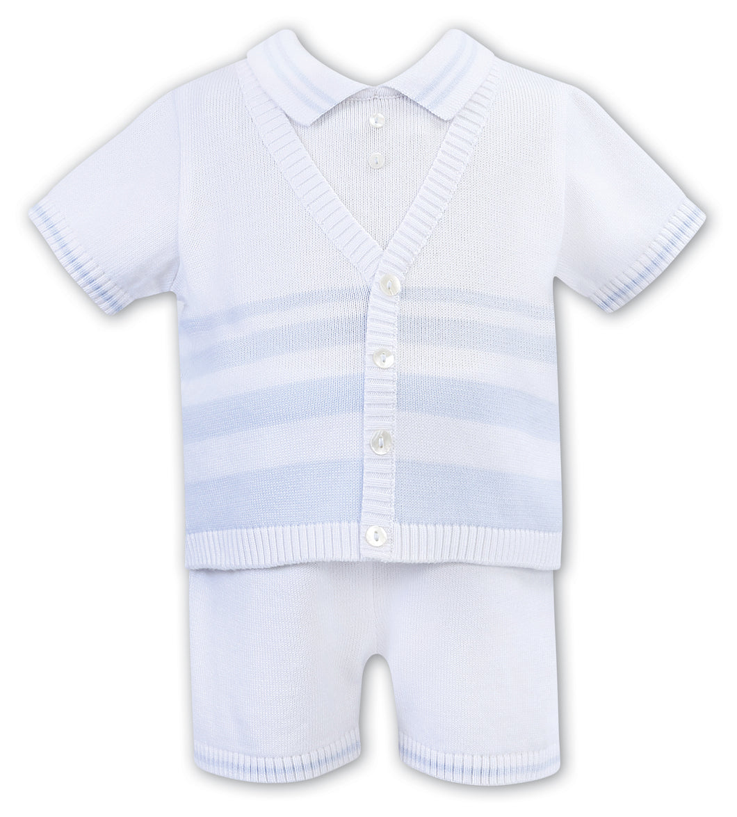 Baby Boys Short Sleeved Fine Knit Set with Contrasting Stripe and Button on Polo, Waistcoat Detailed Top