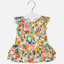 Girls Sleeveless Dress in a Delicate Floral Print Voile Fabric with Layered Skirt and Ruffles round the Sleeves