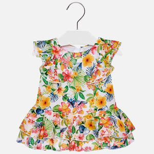 Girls Sleeveless Dress in a Delicate Floral Print Voile Fabric with Layered Skirt and Ruffles round the Sleeves