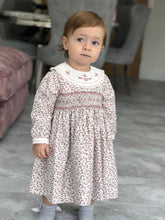 Girls Floral Long Sleeved Dress Traditional Hand Smocking and Embroidery. Contrasting Trim to Sleeves and Yoke Style Neckline