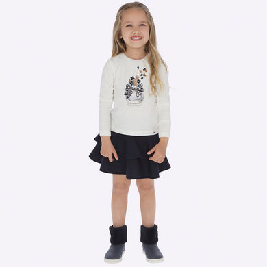 Girls Long Sleeved Applique and Jewel Detailed Round Neck Top with Short Ruffled Skirt in Soft Cotton Fabric