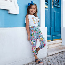Girls High Waisted Peg Style Trousers in Delicate Printed Nautical Fabric with Ruffled Sleeveless Matching Print T-Shirt