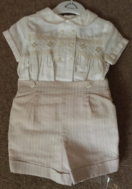 Boys 2 Piece Short Sleeved Set, Hand Smocking, Embroidered and Button Detail Shirt with Peter Pan Collar, Shorts with Button Fastening to Shirt