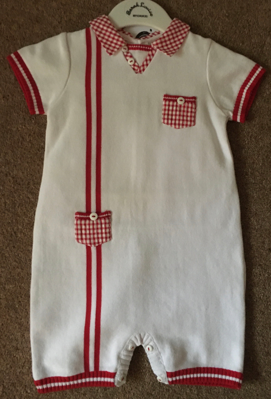 Baby Boys Fine Knit All in One, Checked Collar and Breast, Waist Pockets, Stripped Detail to Front, Sleeves and Legs