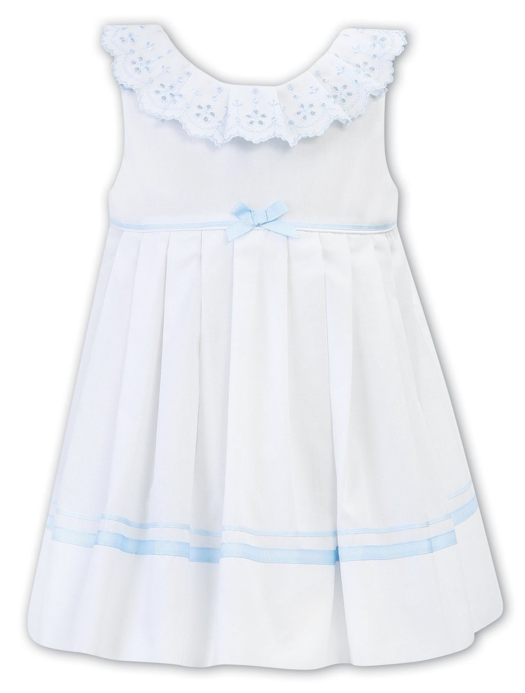 Girls Sleeveless Dress with Embroidered Detailed Frilled Collar, Ribbon and Bow Trim Detail on Waist and Hemline, V Back