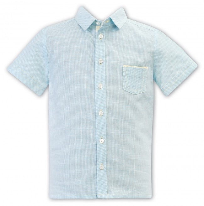 Boys Short Sleeved Shirt in Fine Checked Print. Breast Pocket with Contrasting Stitching