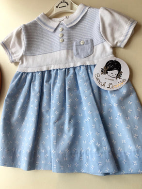 Short Sleeved Dress Fine Knit Bodice with Mock Breast Pocket and Button Front, and Pretty Butterfly Print Fabric Skirt