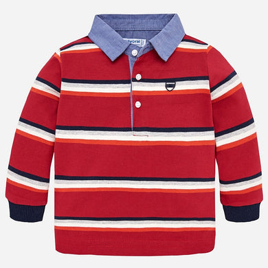 Boys Long Sleeved Stripped Polo Shirt with Chambray Cotton Collar