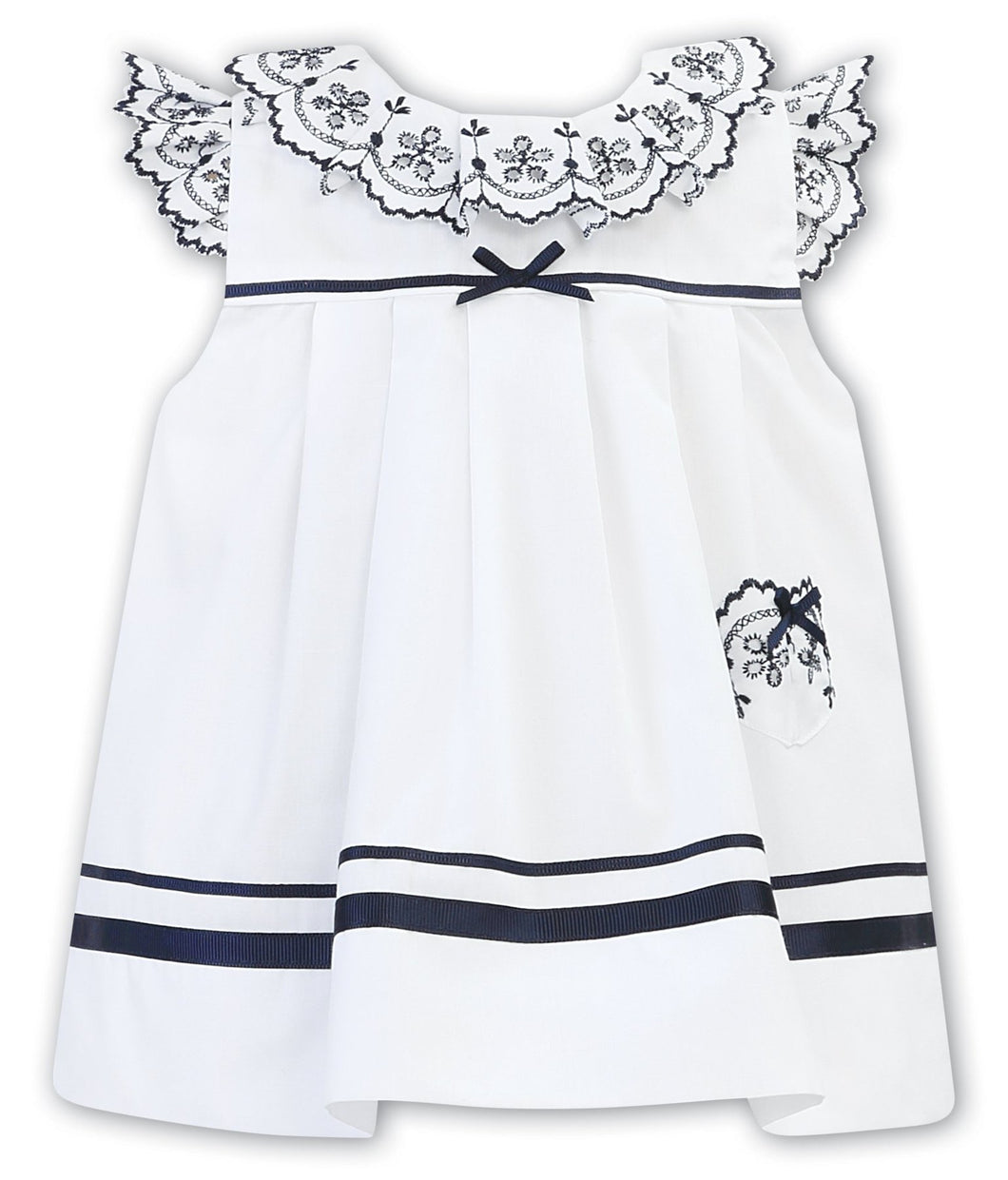 Girls Sleeveless Dress with Embriodery Detailed Frilled Collar and Sleeve, Ribbon and Bow Trim, Front Detailed Pocket