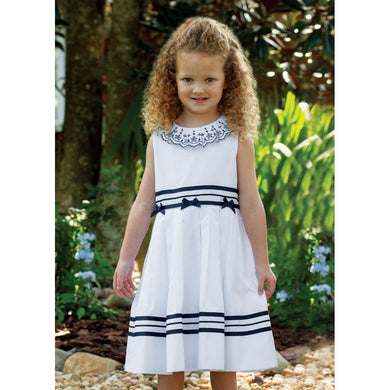 Girls Sleeveless Dress with Embroidered Detailed Collar, Ribbon and Bow Trim on Waist Ribbon Trim on Hemline