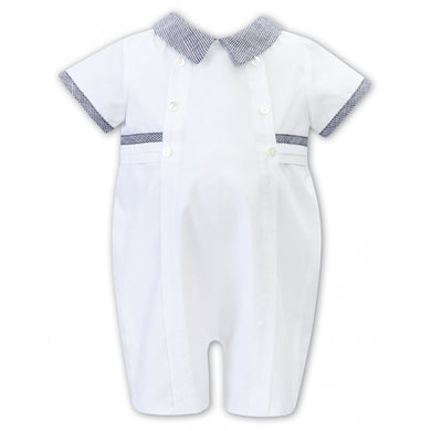 Baby Boys Short Sleeved Romper with Button and Detailed Trim Detail, Peter Pan Collar