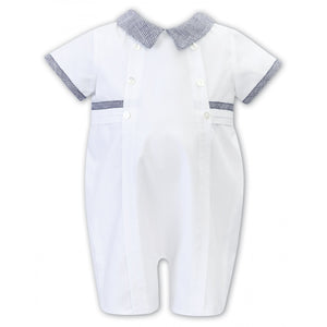 Baby Boys Short Sleeved Romper with Button and Detailed Trim Detail, Peter Pan Collar