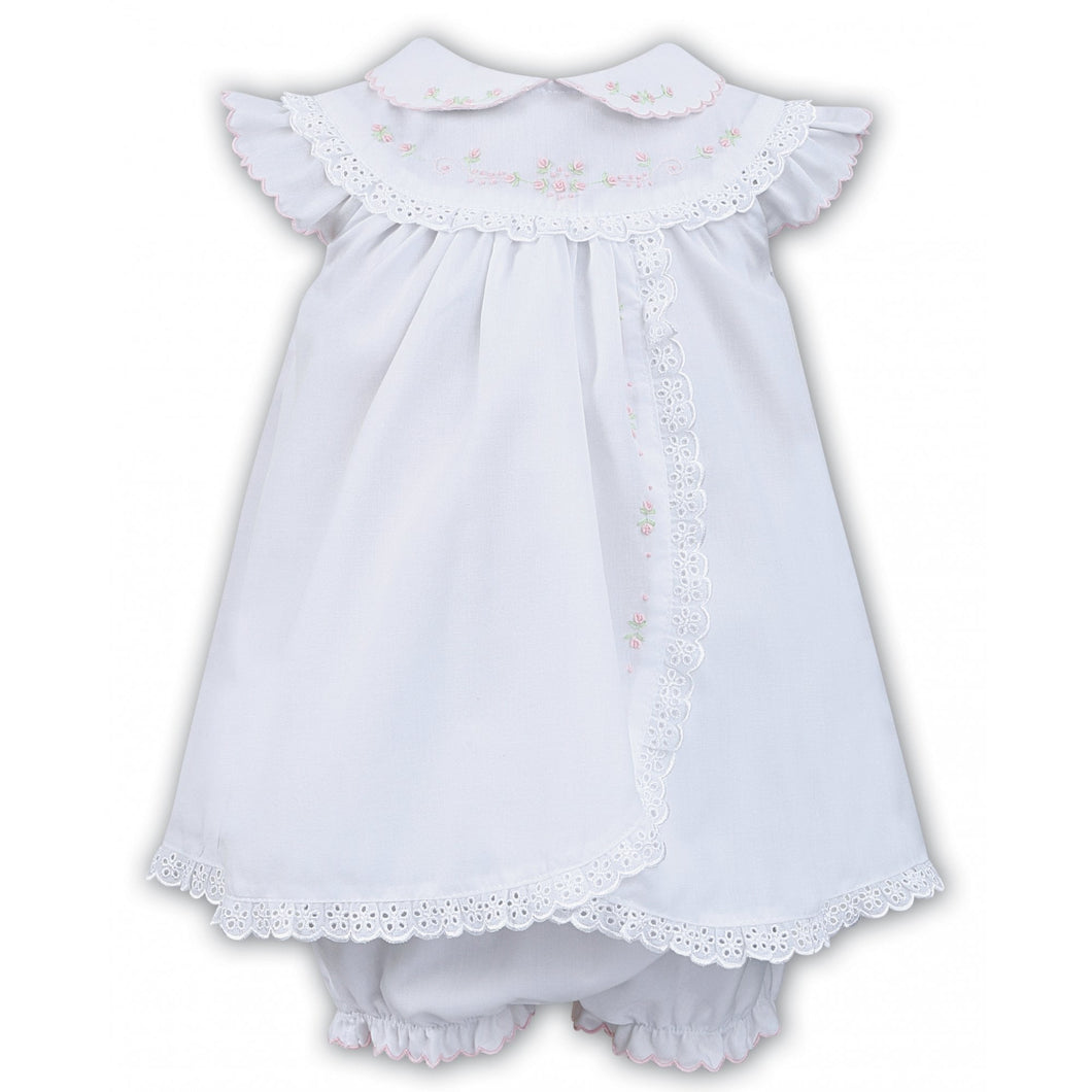 Baby Girl Cap Sleeved Dress and Pants Set, Delicate Broiderie Anglaise Trim and Embroidery, Peter Pan Collar