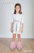 Girls Long Sleeved Dress with Soft Box Pleat Skirt Detailed with Floral Scene and Delicate Applique Flower on Waist