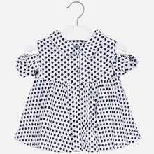 Girls Polkadot Off the Shoulder Blouse with Bow Detail on Open Sleeve, Shirt Collar, Fitted to the Chest with Loose Bodice
