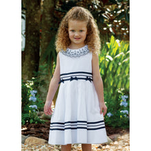 Girls Sleeveless Dress with Embroidered Detailed Frilled Collar, Ribbon and Bow Trim Detail on Waist and Hemline