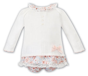 Baby Girls Set, Pretty Floral, Lace Detailed Jam Pants with Fine Knit Detailed Top, Floral Trim On Neckline and Velvet Bow Detail
