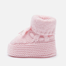 Delicate Knit Baby Booties, Made with Breathable Organic Cotton. Decorative Knit and Bow Detail. Gift Boxed