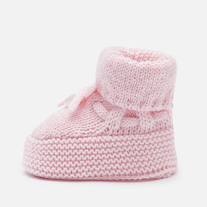 Delicate Knit Baby Booties, Made with Breathable Organic Cotton. Decorative Knit and Bow Detail. Gift Boxed