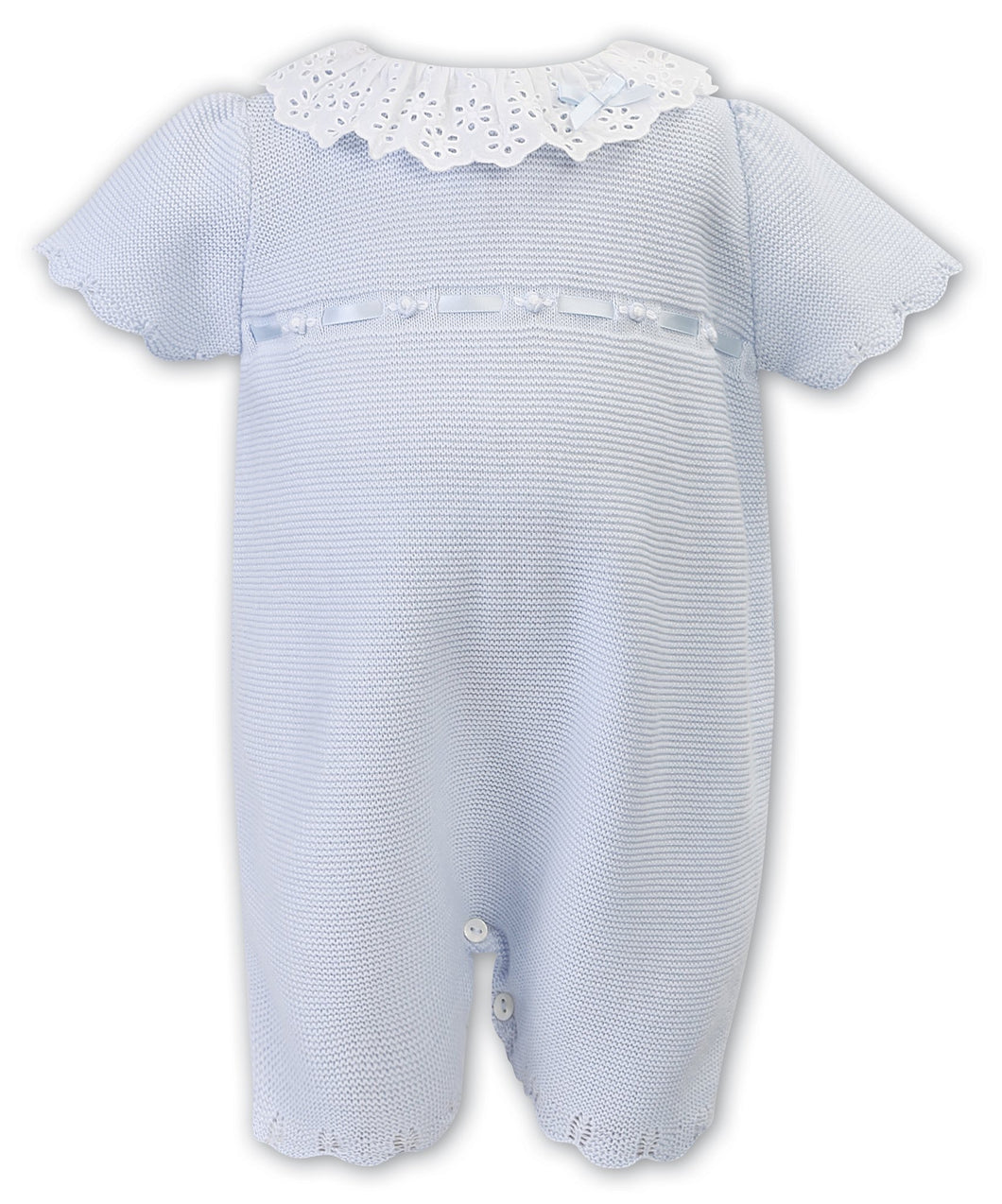 Baby Girls Fine Detailed Knitted Short Sleeved All in One. Lace Trim Collar, Scalloped Egding, Ribbon and Bow Detail