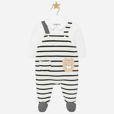 Baby Boys Romper with Feet. Soft Velvety Feel, Striped Overall with Plain Collared Sewn in Shirt Front Pocket and Applique Ted