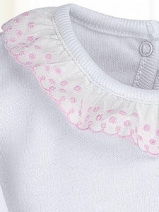 Baby Girl All in One with Beautiful Collar With a Delicate Hint of Pink and Front Pleat Detail. Super Soft Cotton in Gift Box