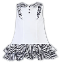 Girls Sleeveless Dress, White with Striped Double Frills to Hemline, Collar and Chest Detail, Front Button Detail