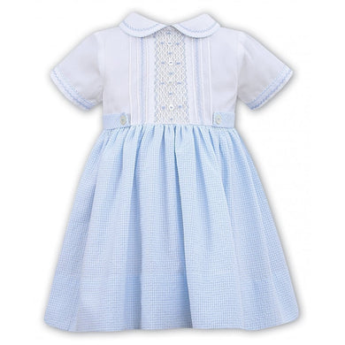 Short Sleeved Dress with Detailed Trim to Match Peter Pan Collar, Smocking and Embriodered Bodice, Gingham Skirt with Detailed Waist
