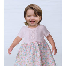 Girls Short Sleeved Dress with Fine Detailed Knitted Top, Bow Trim on Waist and Floral Full Skirt