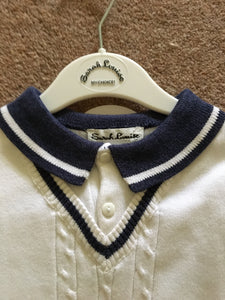Boys Short Sleeved Fine Cable Knit Top with Contrasting Trim on Collar Sleeves and V-Neck, 5 Pocket Shorts with Anchor Print