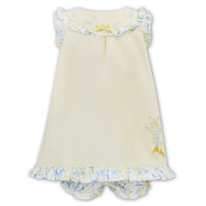 Baby Girl A Line Sleeveless Dress with Embroidery and Floral Detailed Trim on Sleeve, Hemline and Yoke with Matching Floral Pants