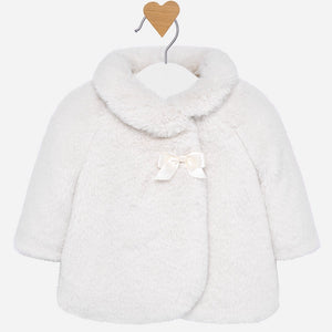 Baby Girls Faux Fur Coat, Wrap Around Collar and Hidden Clasp Fastening. Super Soft with Front Detailed Applique BowNatural