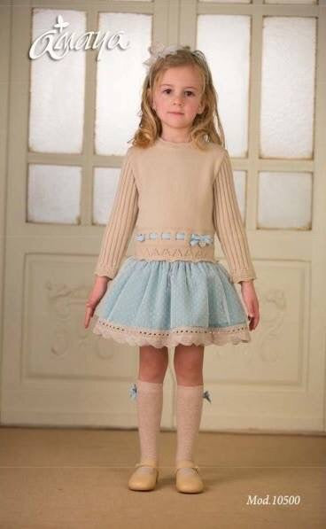 Girls Long Sleeved Dress with Knitted Detailed Top and Sleeves, Contrasting Skirt overlaid with Delicate Netting and Embroidered Cotton Trimon Hemline