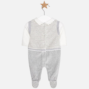 Baby Boys Velour Romper Suit with Feet. Sewn in Shirt and Striped Detailed Overtop.