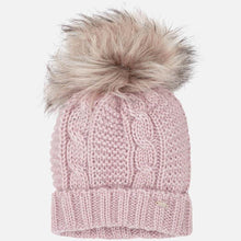 Girls Chunky Cable Knit Hat with Contrasting Single Faux Fur Pom