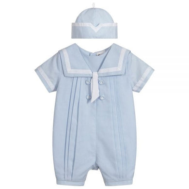 Boys Sailor Romper with Hat.  Front Button and Pleat Detail with Ribbon Trim on Sleeves, Neckline Front, Back and Hat.