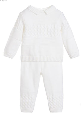 Baby Boys Knitted 2 Piece Suit, Polo Style Collar with Cable Detail on Jumper and Cuffs of Trousers