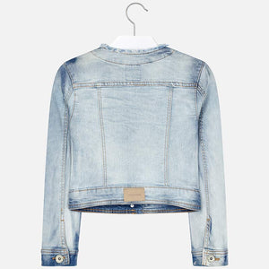 Girls Bleached Applique Denim Jacket, Decorated with Studs and Gems, Round Neck with 2 Breast Pockets