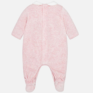 Baby Girls Velour Romper with Flowered Applique Detail Front and White Peter Pan Collar