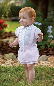 Girls 2 Piece Set, Broderie Anglaise Short Sleeeved Blouse with Peter Pan Collar, Fine Stripped Shorts with Straps,Frill and Bow Detail.