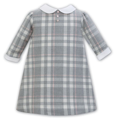 Girls Long Sleeved Shift Dress In Tartan Fabric, Contrastiing Collar and Cuffs with Button Detail