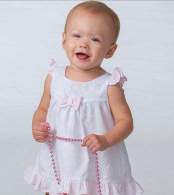 Baby Girls Sun Dress and Panty Set, Sleeveless Broderie Anglaise Dress with Contrasting Bow Detail Trim, Frill Hemline and Panties