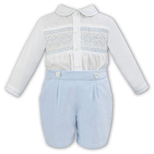 Boys Traditional Long Sleeved Embroidered Smocked Shirt with Detailed Collar and Velvet Button on Shorts