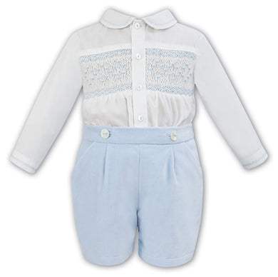Boys Traditional Long Sleeved Embroidered Smocked Shirt with Detailed Collar and Velvet Button on Shorts
