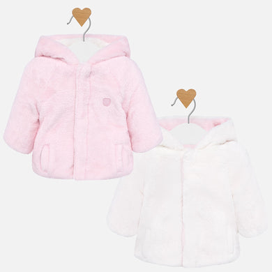 Reversible Hooded Baby Girl Coat in Super Soft Faux Fur Fabric with Hidden Fastening Clasps