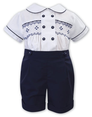 Boys 2 Piece Short Sleeved Set, Hand Smocking, Embroidered and Button Detail Shirt with Peter Pan Trimmed Collar, Shorts with Button Fastening to Shirt