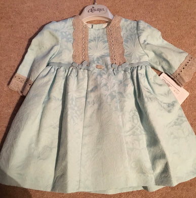 Girls Long Sleeved Dress in a Damask Fabric with Embriodered Cotton Trim and Velvet Bow Detail on Front and Sleeves