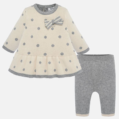 Girls Fine Knit 2 Piece Legging Set, Polka Dot Detailed Top with Frilled Hemline and Plain Contrasting Bottoms