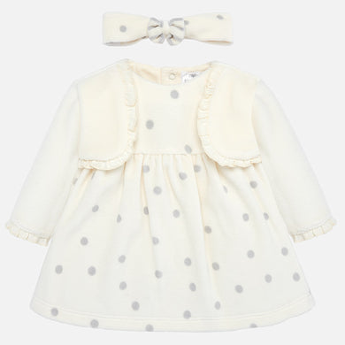 Baby Girl Soft Velour Polka Dot Cotton Dress with Attatched Trimmed Bolaro Top and Matching Bow Headband
