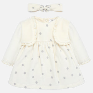 Baby Girl Soft Velour Polka Dot Cotton Dress with Attatched Trimmed Bolaro Top and Matching Bow Headband